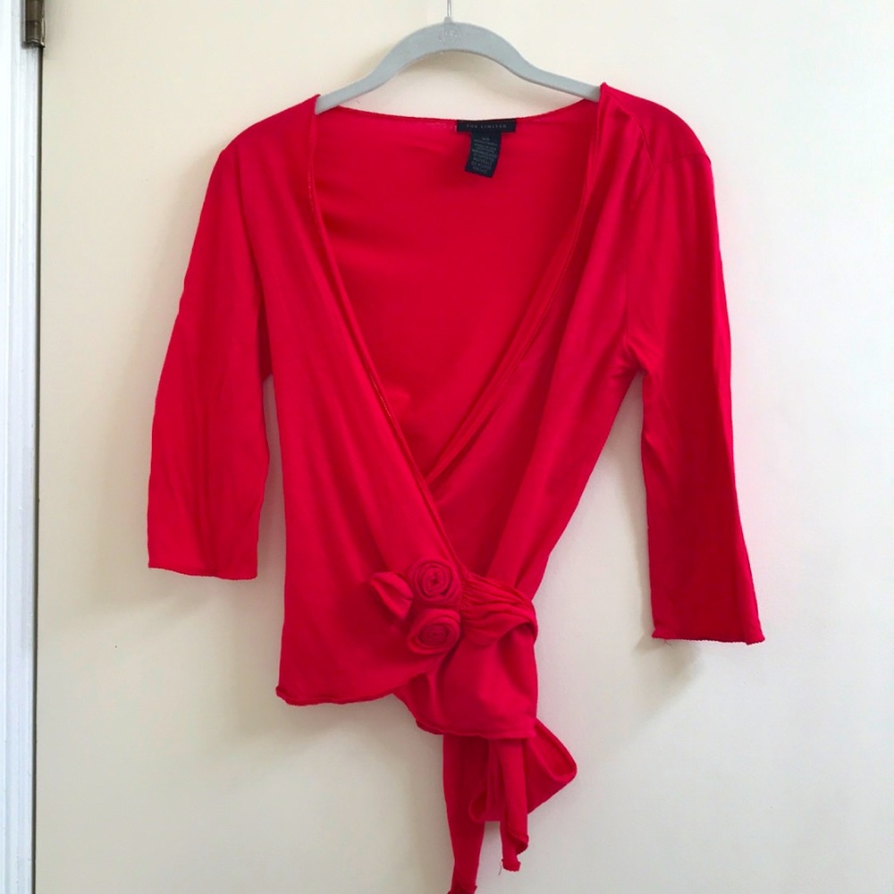 Red wrap top with flower decorations